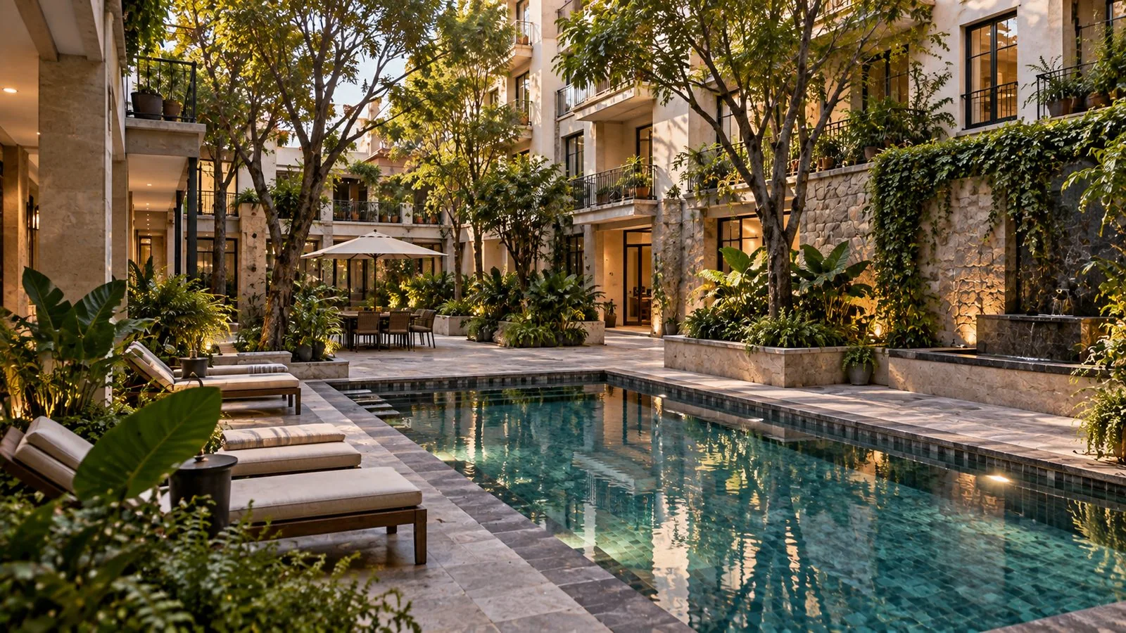 Landscaped condominium courtyard with a shared swimming pool and maintained common areas