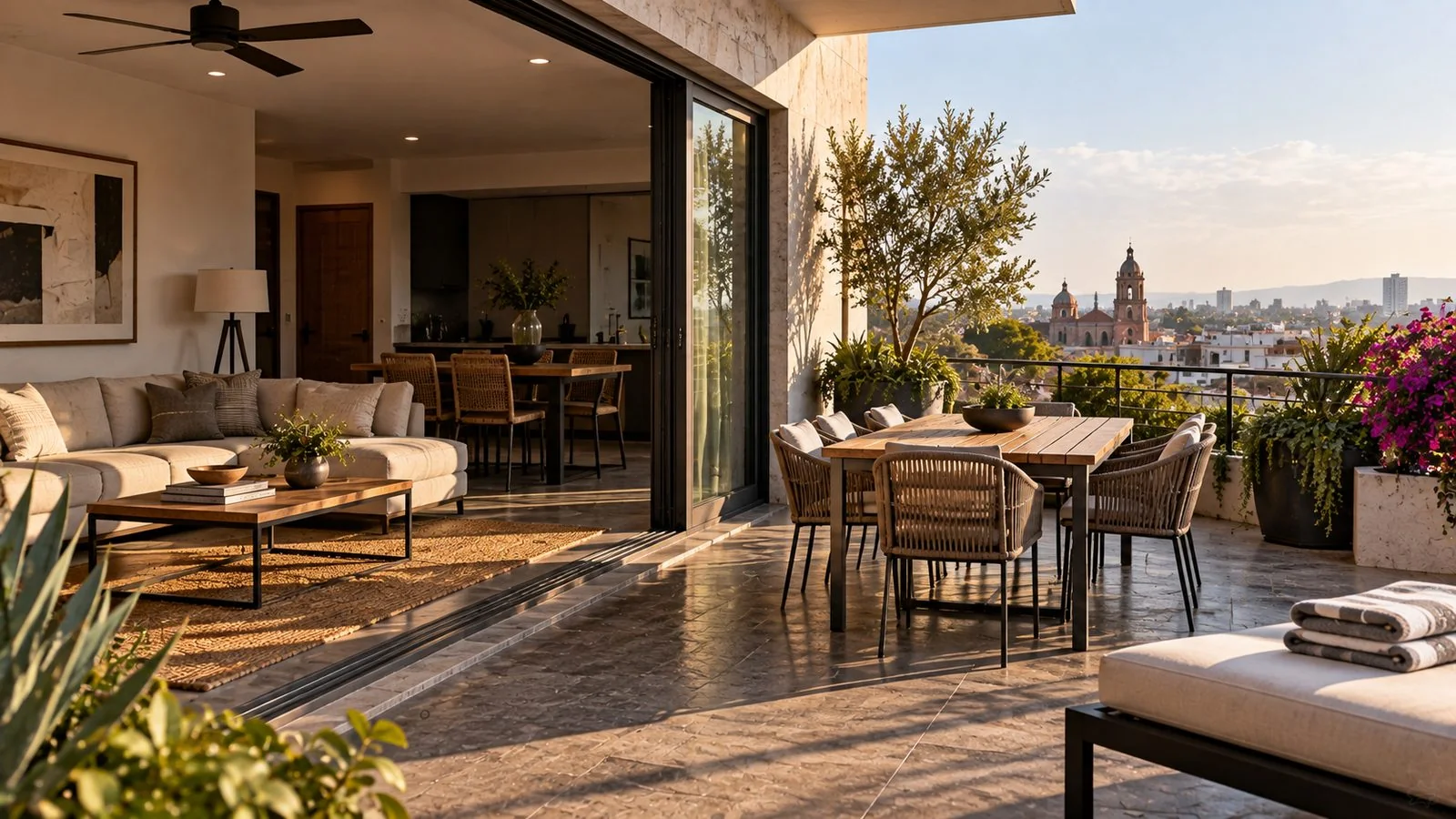 Furnished residential terrace overlooking a Mexican city in warm evening light