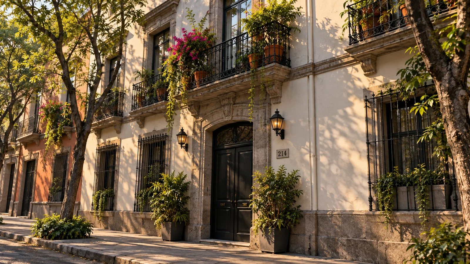 Tree-lined Mexican residential building with balconies and mature landscaping