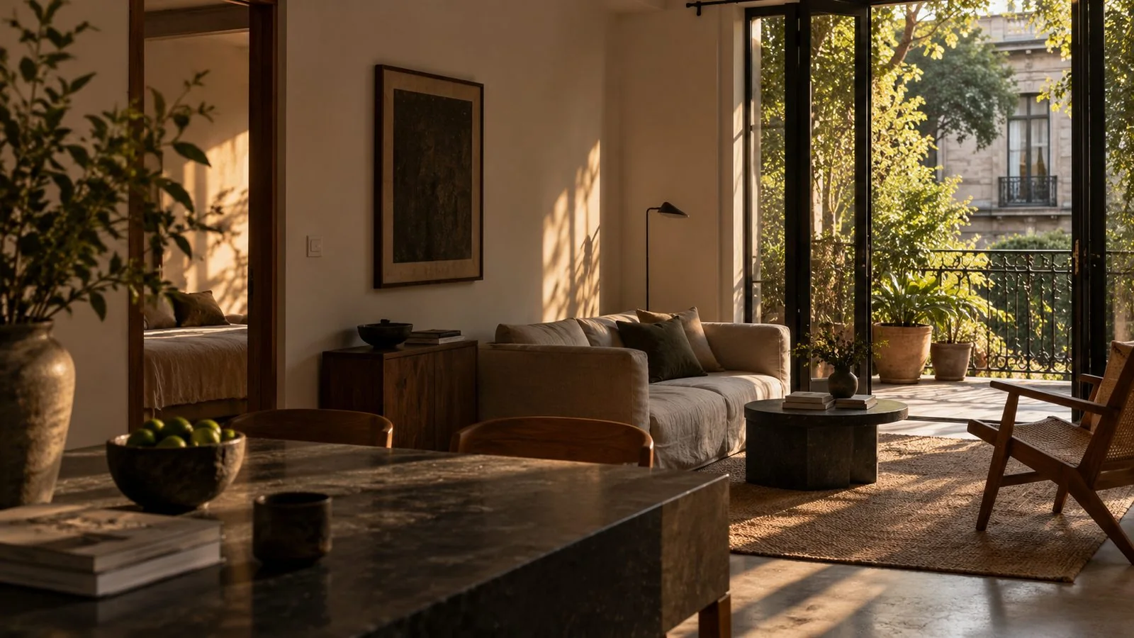 Warm, sunlit apartment interior in Mexico City
