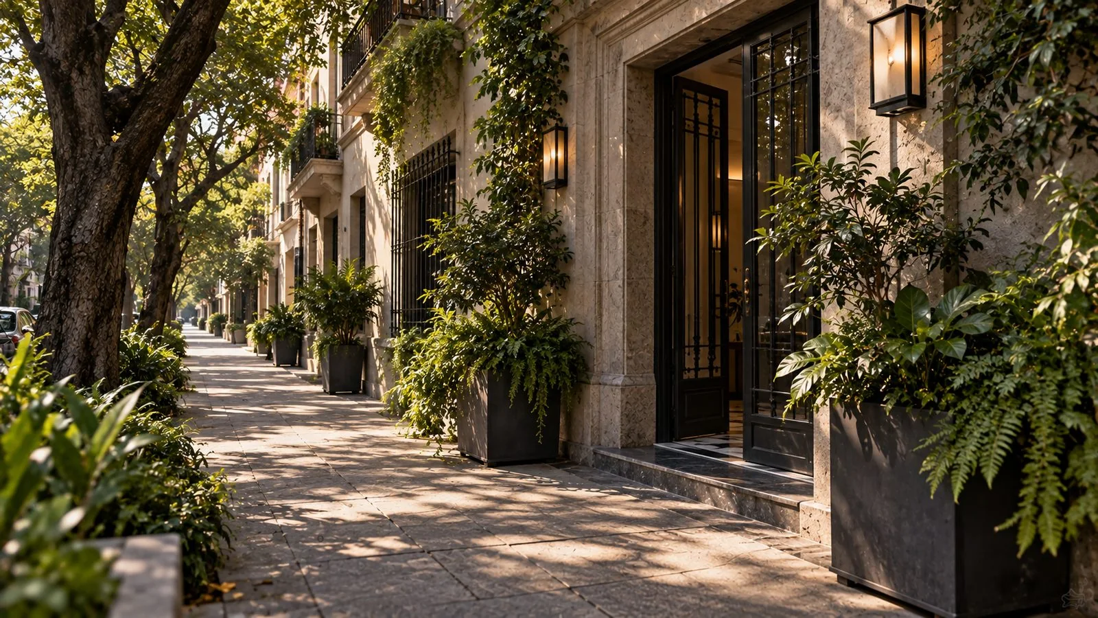 Entrance to an apartment building on a tree-lined Mexico City street